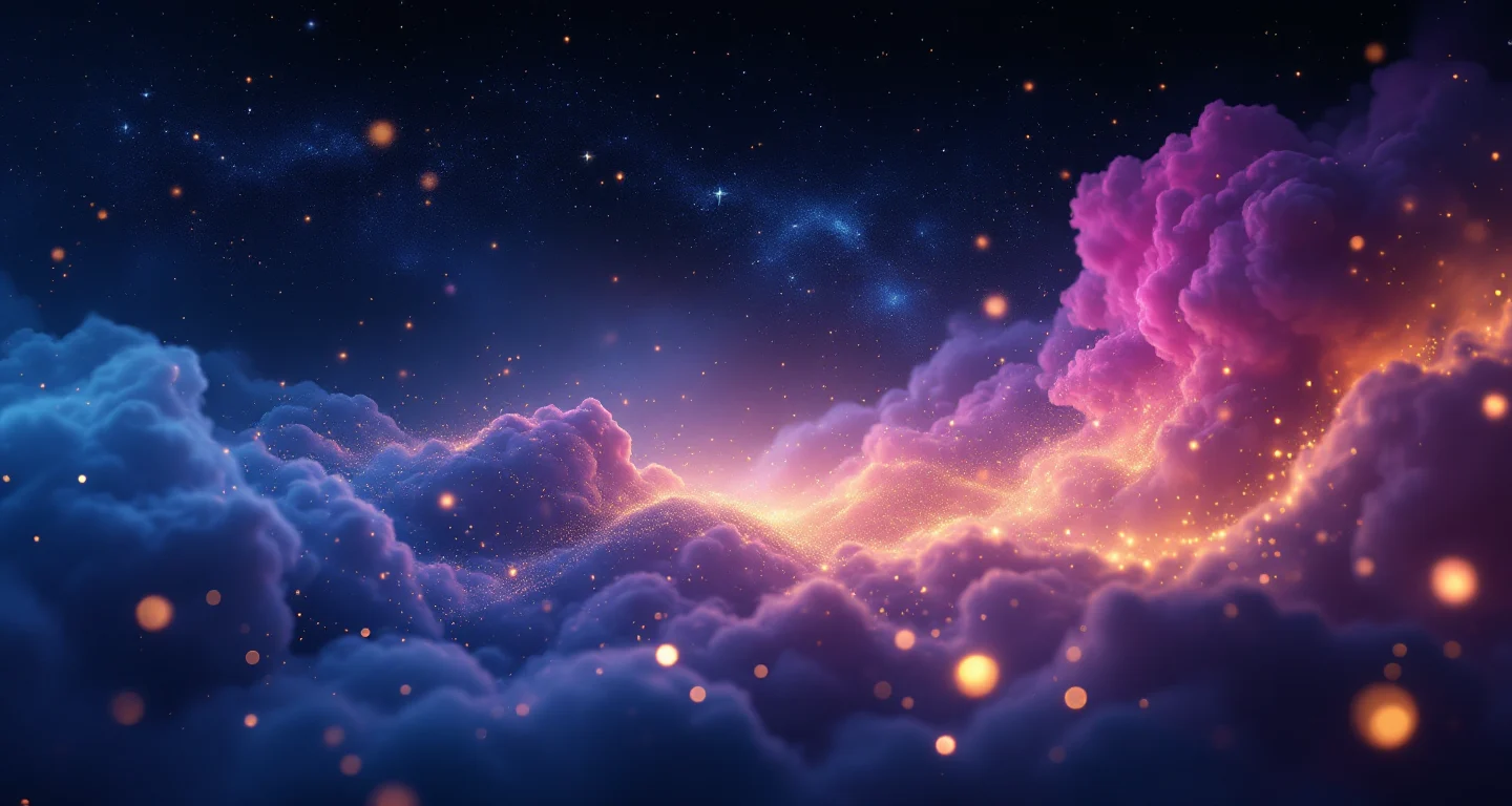 Rüyada Kabeye Gitmek sembolünü temsil eden, mor-magenta bulutsu ve altın yıldızlardan oluşan atmosferik rüya sahnesi.