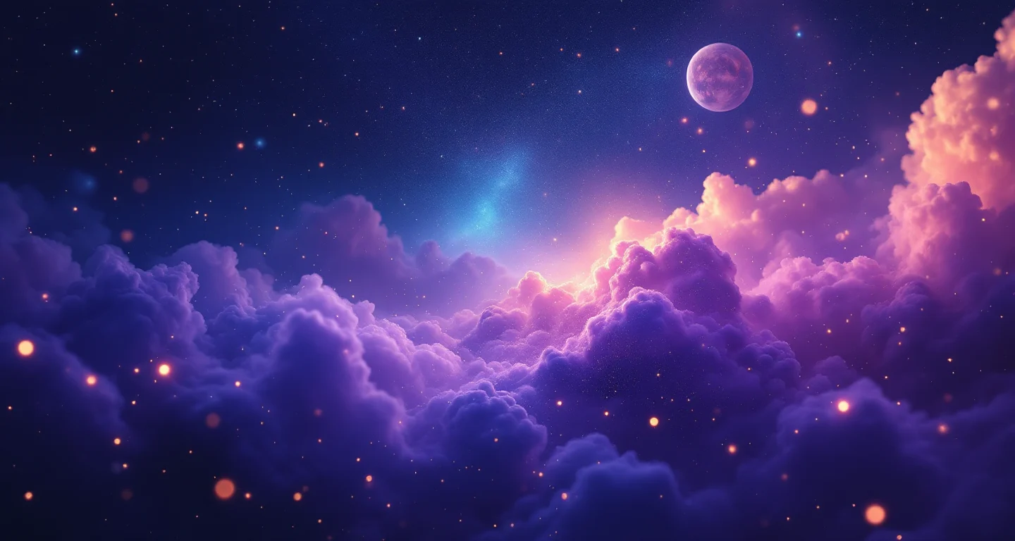 Rüyada Kadınken Erkek Olduğunu Görmek sembolünü temsil eden, mor-magenta bulutsu ve altın yıldızlardan oluşan atmosferik rüya sahnesi.
