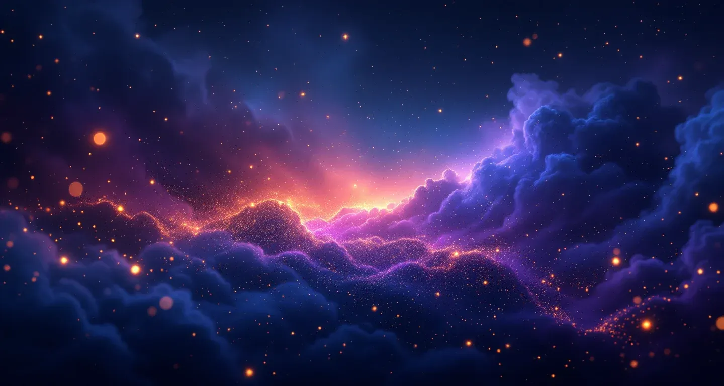 夢で女性の下半身が露わになる象徴を表す、紫とマゼンタの星雲と金色の星々から成る幻想的な夢の情景。