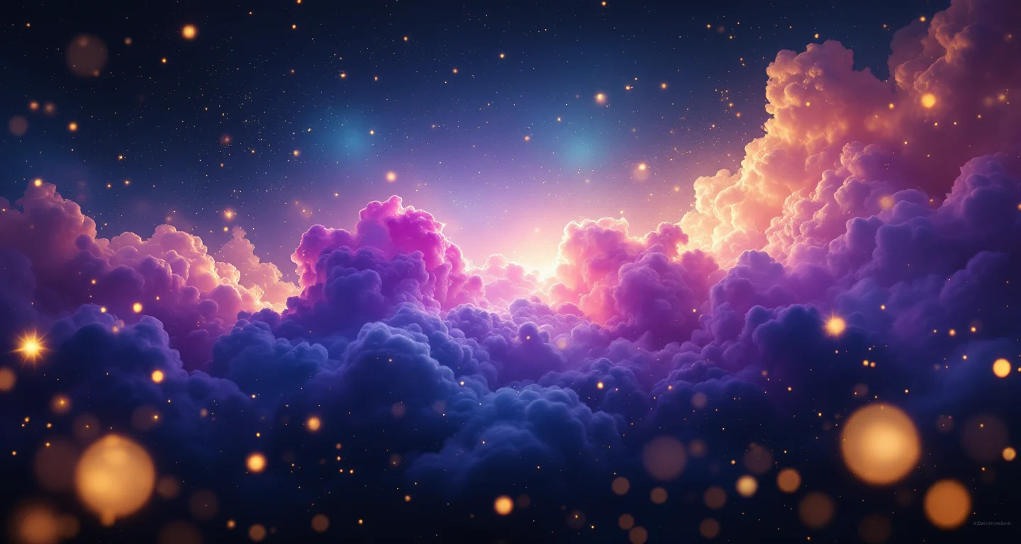 Rüyada Kadının Kendi Avret Yerini Kıllı Görmek sembolünü temsil eden, mor-magenta bulutsu ve altın yıldızlardan oluşan atmosferik rüya sahnesi.