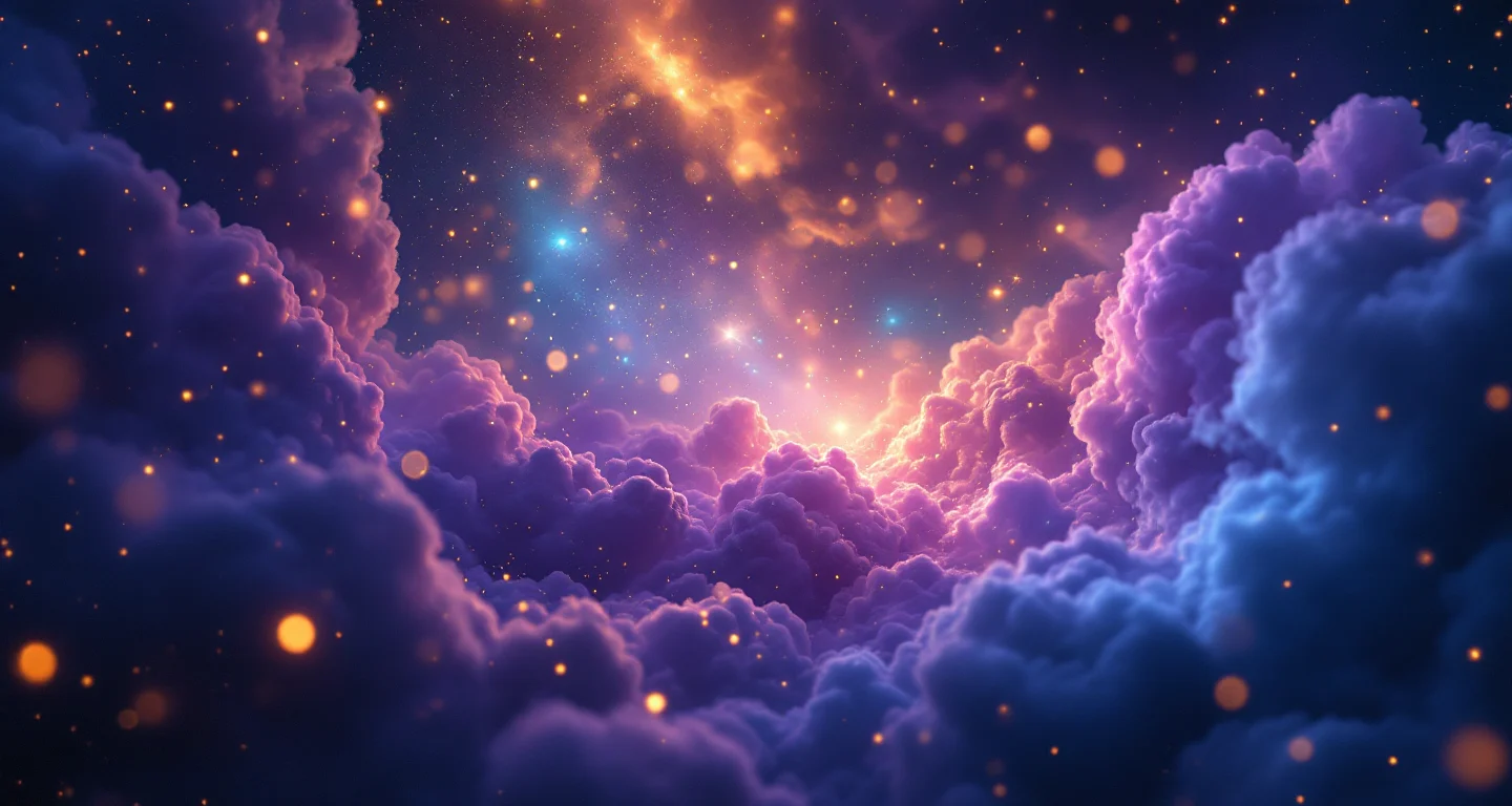Rüyada Kadının Kendi Bacaklarını Kıllı Görmek Diyanet sembolünü temsil eden, mor-magenta bulutsu ve altın yıldızlardan oluşan atmosferik rüya sahnesi.
