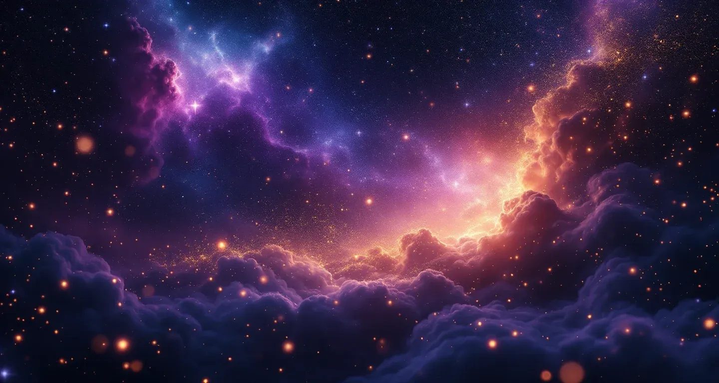 Atmosphärische Traumszene mit violett-magenta Nebel und goldenen Sternen, die das Symbol ‚Kaffee im Traum zubereiten‘ darstellt.