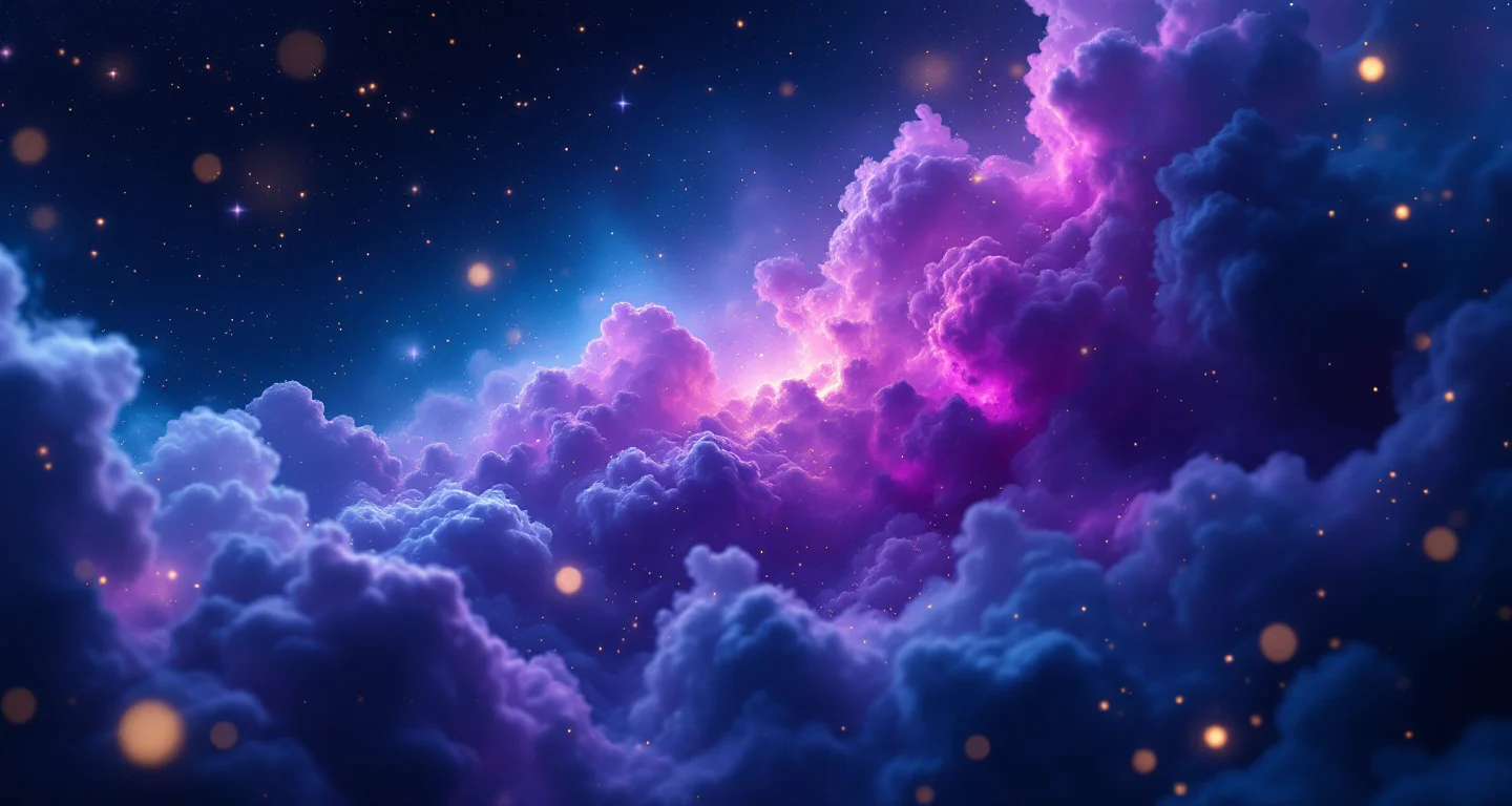 Rüyada Kalabalık Görmek sembolünü temsil eden, mor-magenta bulutsu ve altın yıldızlardan oluşan atmosferik rüya sahnesi.