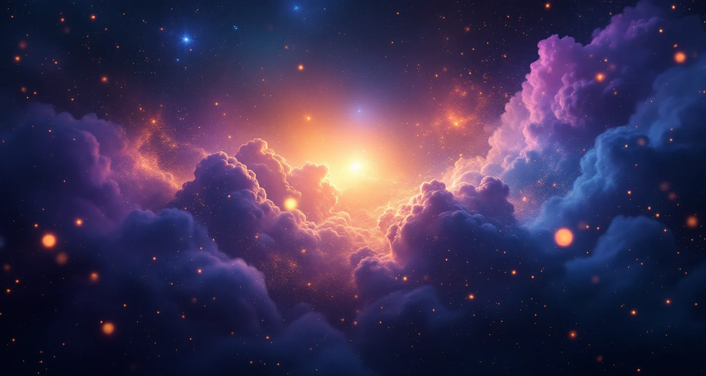 Rüyada Kamyonun Yan Devrilmesi Görmek sembolünü temsil eden, mor-magenta bulutsu ve altın yıldızlardan oluşan atmosferik rüya sahnesi.