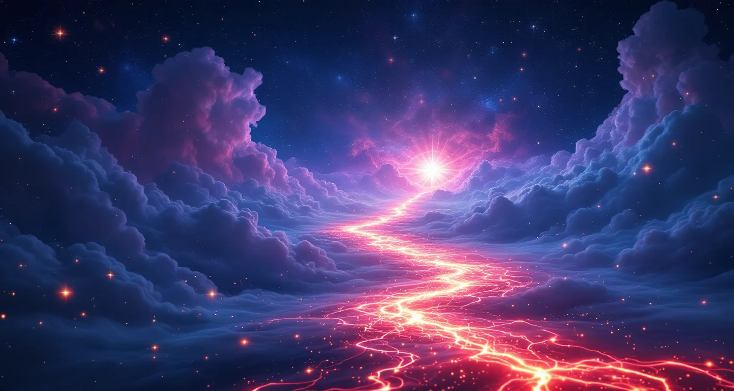 Rüyada Kan Görmek sembolünü temsil eden, mor-magenta bulutsu ve altın yıldızlardan oluşan atmosferik rüya sahnesi.