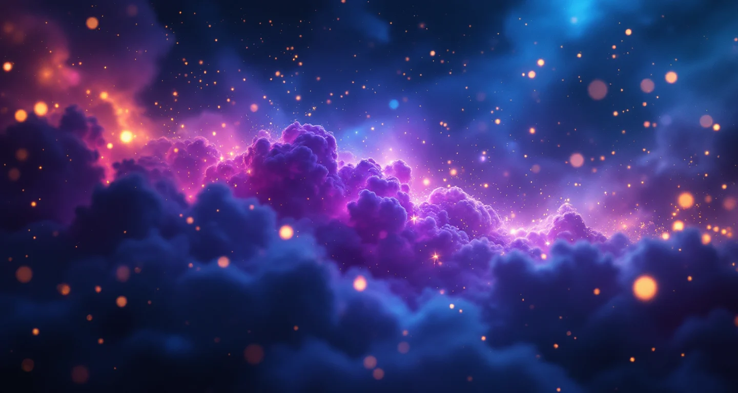 Rüyada Kaplan Görmek sembolünü temsil eden, mor-magenta bulutsu ve altın yıldızlardan oluşan atmosferik rüya sahnesi.