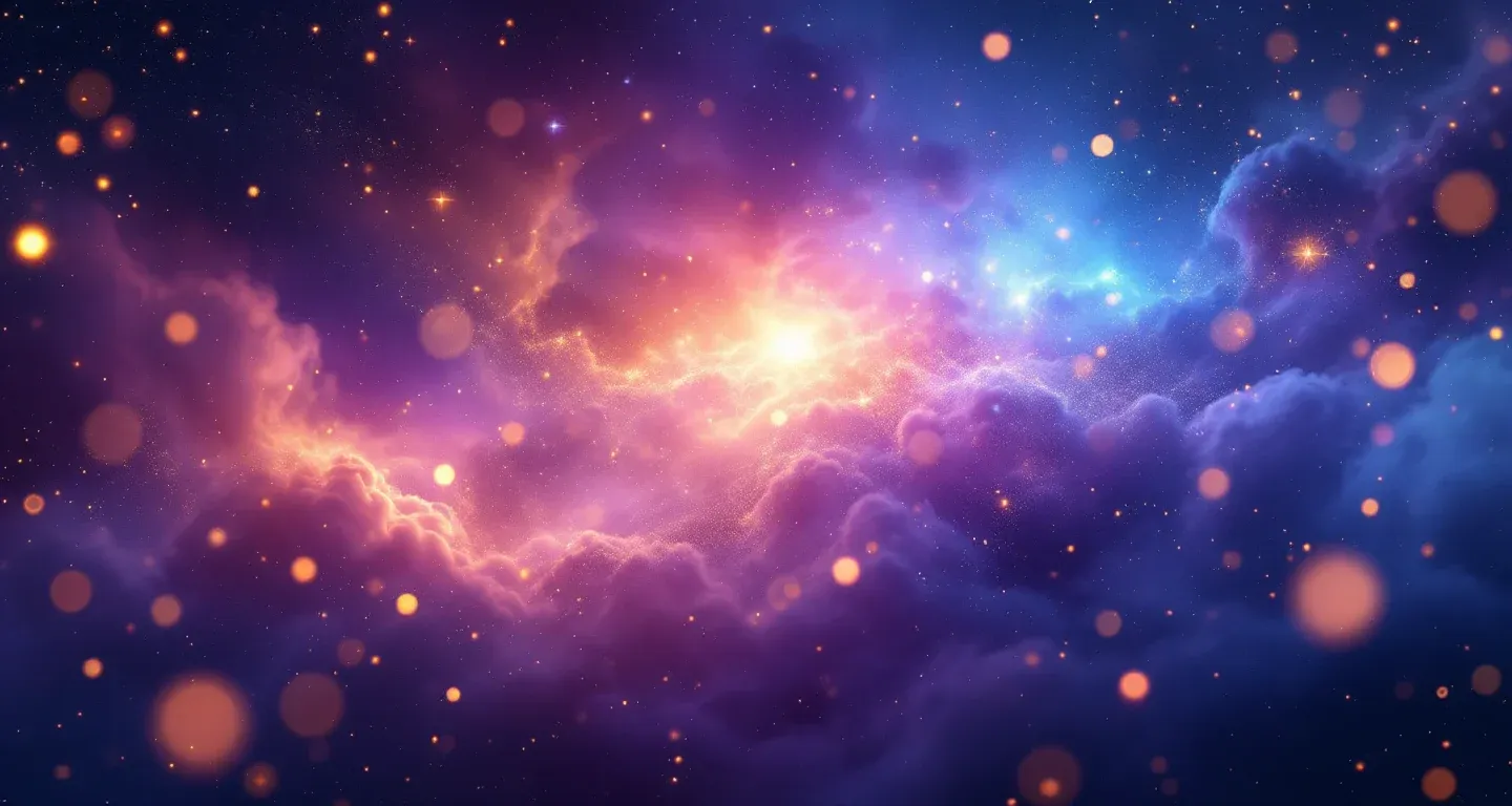 夢で虎から逃げる象徴を表す、紫がかったマゼンタの星雲と金色の星々からなる幻想的な夢の風景。