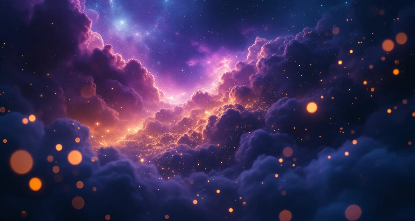 Rüyada Kaplumbağa Görmek sembolünü temsil eden, mor-magenta bulutsu ve altın yıldızlardan oluşan atmosferik rüya sahnesi.
