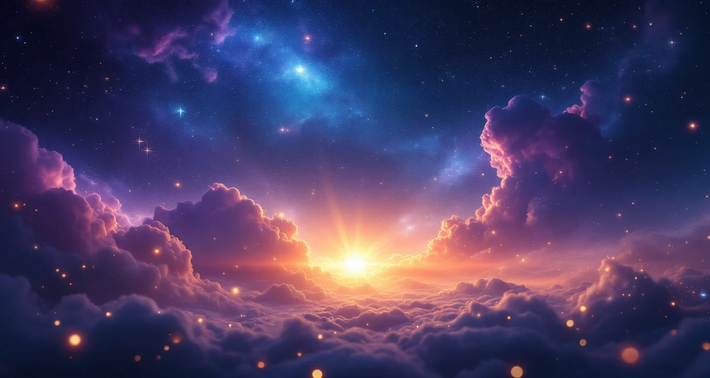 Rüyada Kar Görmek sembolünü temsil eden, mor-magenta bulutsu ve altın yıldızlardan oluşan atmosferik rüya sahnesi.