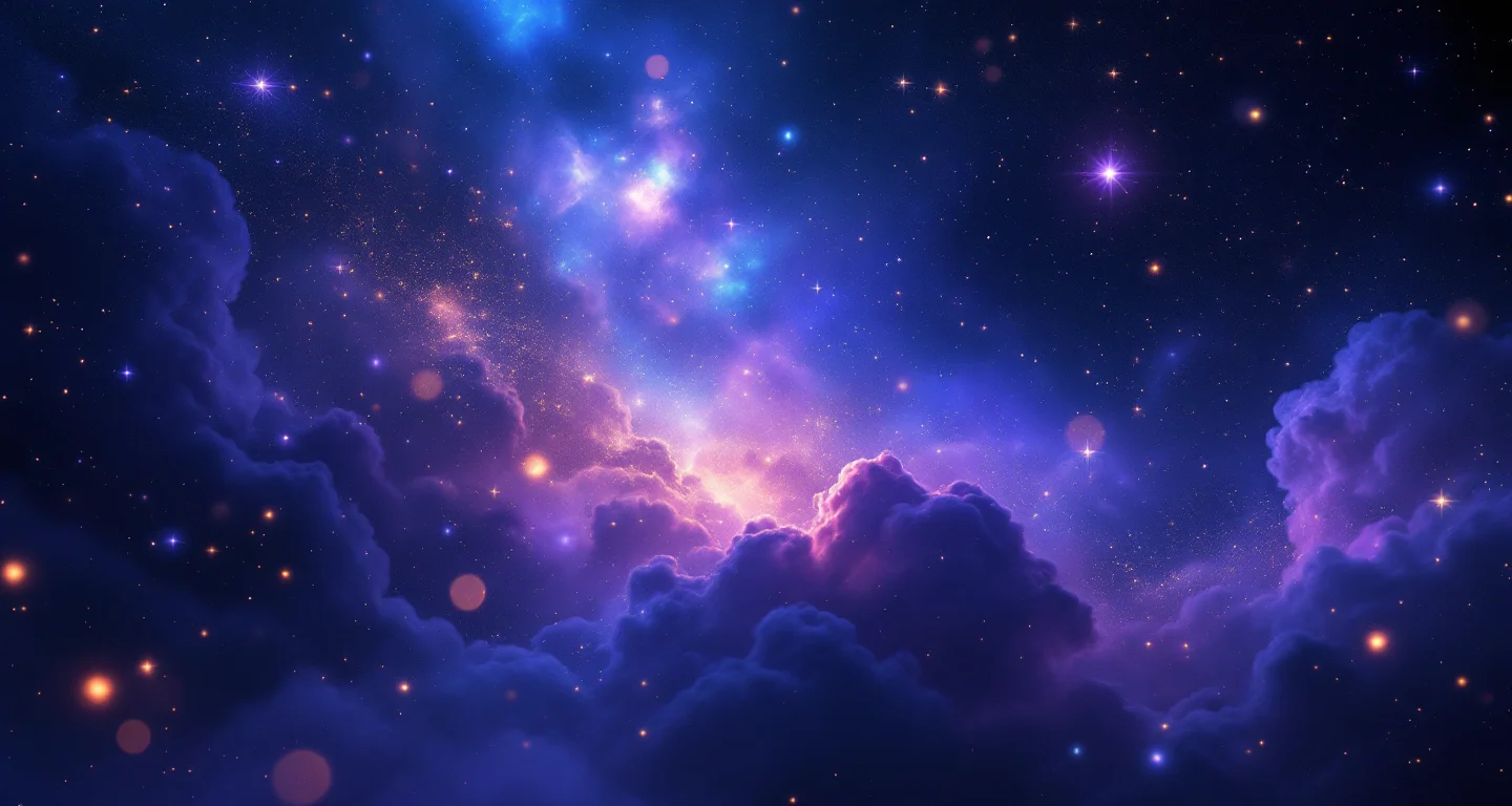 Rüyada Kar Yağdığını Görmek sembolünü temsil eden, mor-magenta bulutsu ve altın yıldızlardan oluşan atmosferik rüya sahnesi.