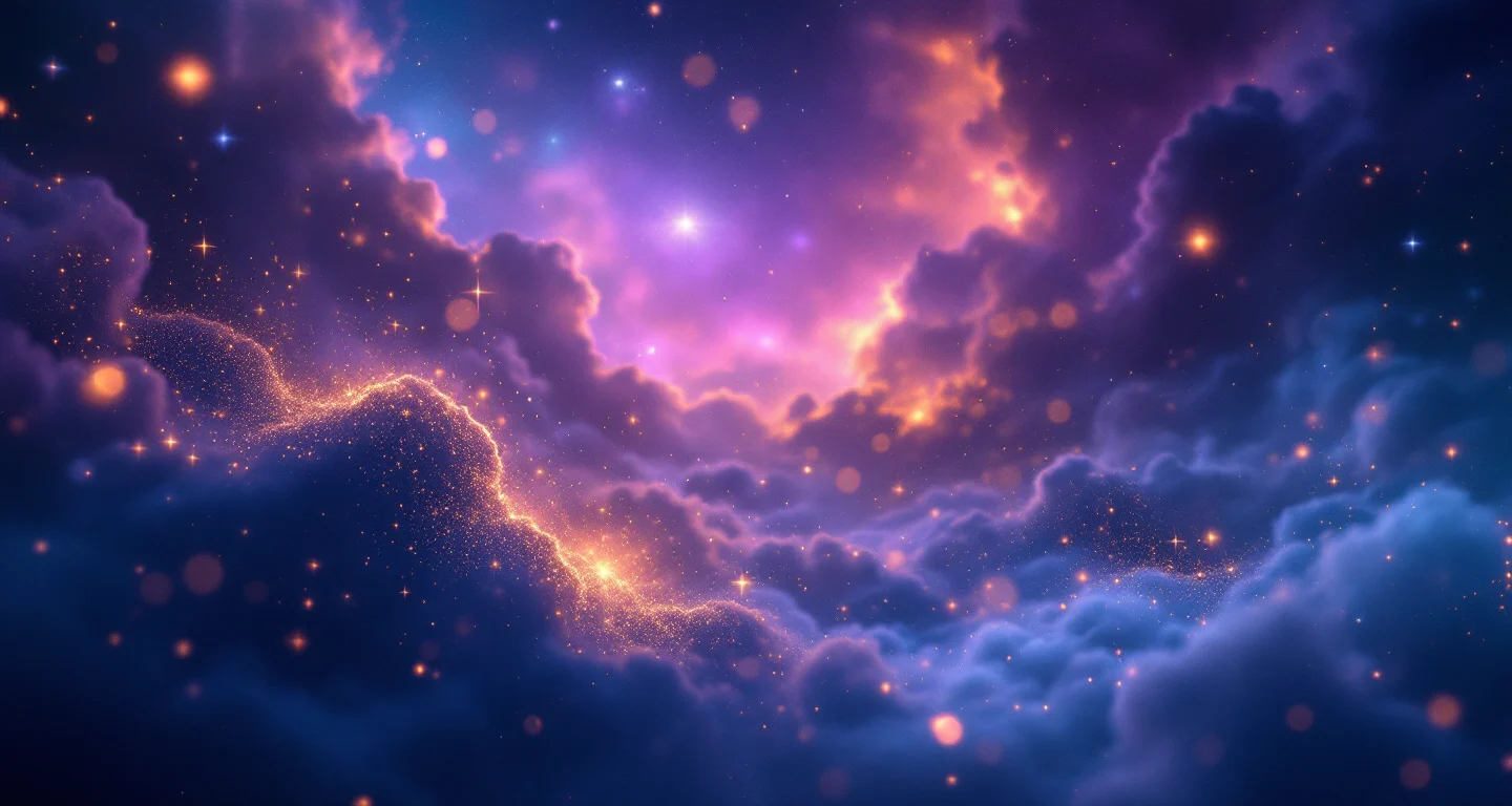 Rüyada Karınca Görmek sembolünü temsil eden, mor-magenta bulutsu ve altın yıldızlardan oluşan atmosferik rüya sahnesi.