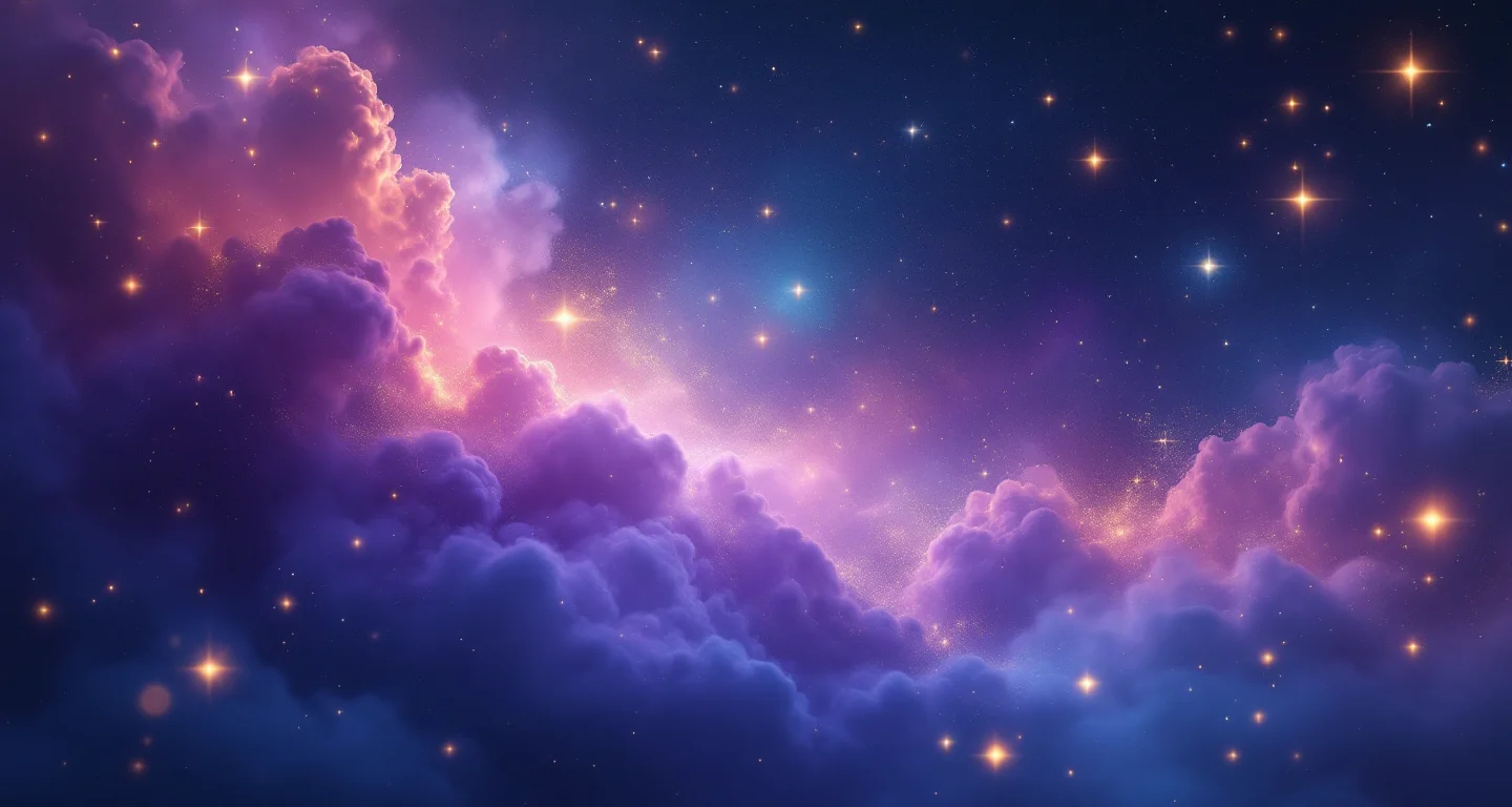 Rüyada Karpuz Görmek sembolünü temsil eden, mor-magenta bulutsu ve altın yıldızlardan oluşan atmosferik rüya sahnesi.