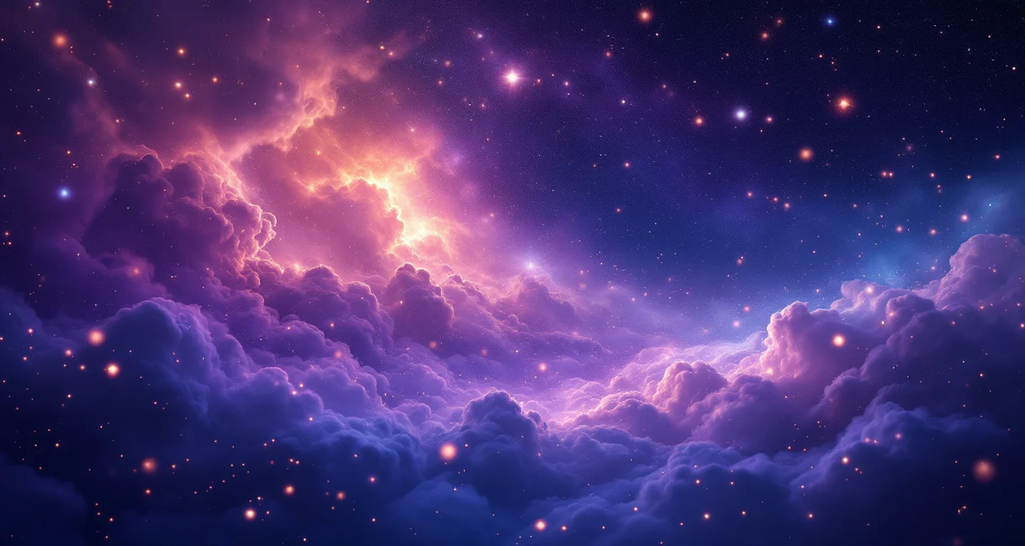 Rüyada Kavga Etmek Görmek sembolünü temsil eden, mor-magenta bulutsu ve altın yıldızlardan oluşan atmosferik rüya sahnesi.