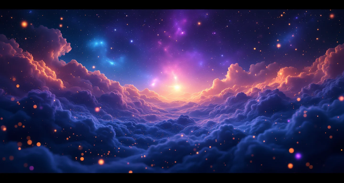 Rüyada Kavga Görmek sembolünü temsil eden, mor-magenta bulutsu ve altın yıldızlardan oluşan atmosferik rüya sahnesi.