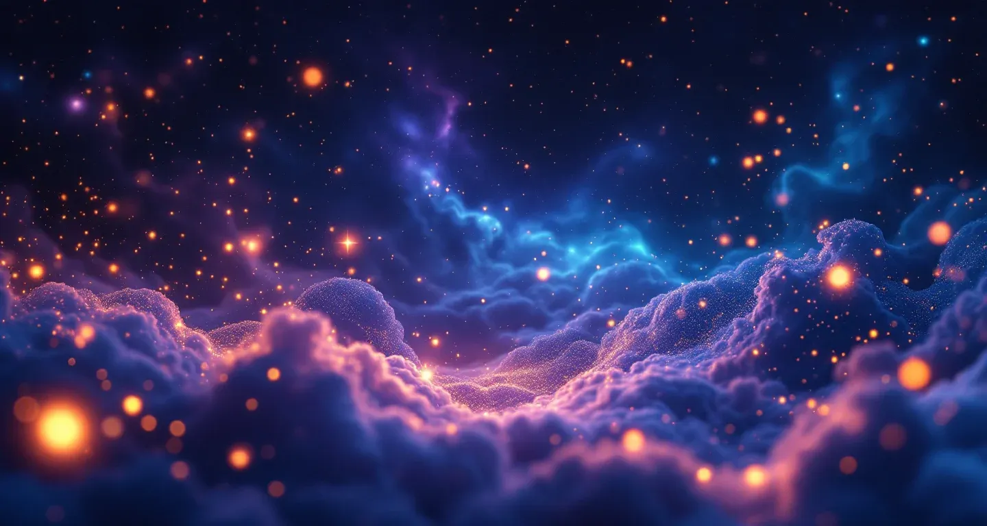 夢にスイカを見る象徴を表す、紫がかったマゼンタの星雲と金色の星々から成る幻想的な夢の風景。