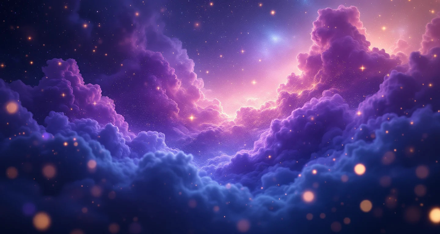 Rüyada Keçi Sürüsü Görmek sembolünü temsil eden, mor-magenta bulutsu ve altın yıldızlardan oluşan atmosferik rüya sahnesi.