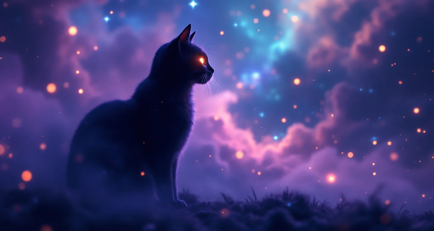 Rüyada Kedi Görmek İhya sembolünü temsil eden, mor-magenta bulutsu ve altın yıldızlardan oluşan atmosferik rüya sahnesi.