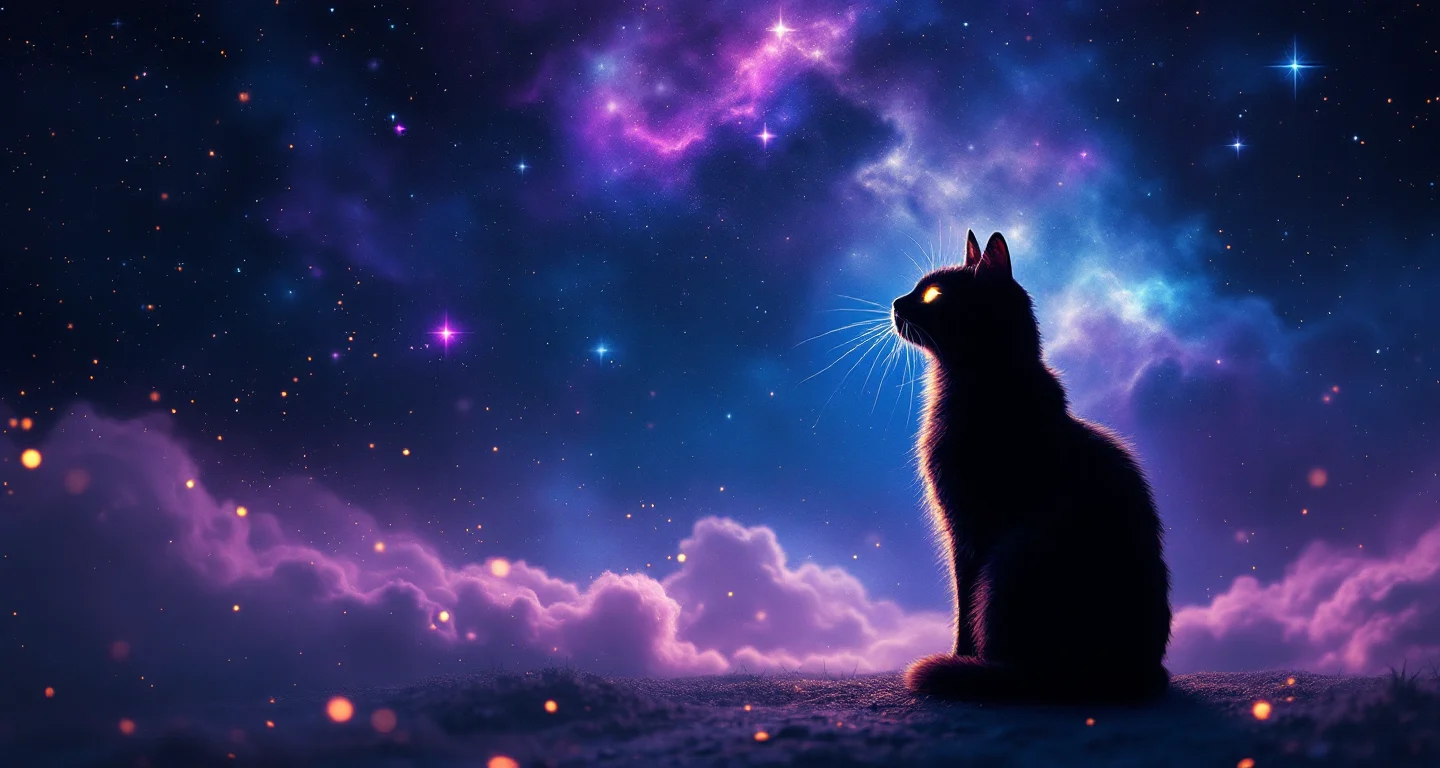 Rüyada Kedi Görmek Ne Anlama Gelir sembolünü temsil eden, mor-magenta bulutsu ve altın yıldızlardan oluşan atmosferik rüya sahnesi.