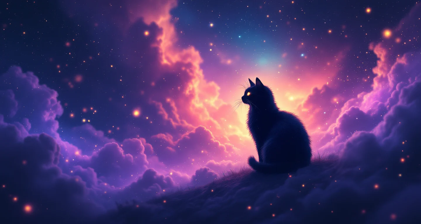 Rüyada Kedi Görmek sembolünü temsil eden, mor-magenta bulutsu ve altın yıldızlardan oluşan atmosferik rüya sahnesi.