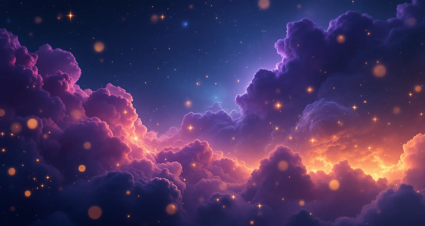 Rüyada Kedi Isırması Ama Acımaması Görmek sembolünü temsil eden, mor-magenta bulutsu ve altın yıldızlardan oluşan atmosferik rüya sahnesi.