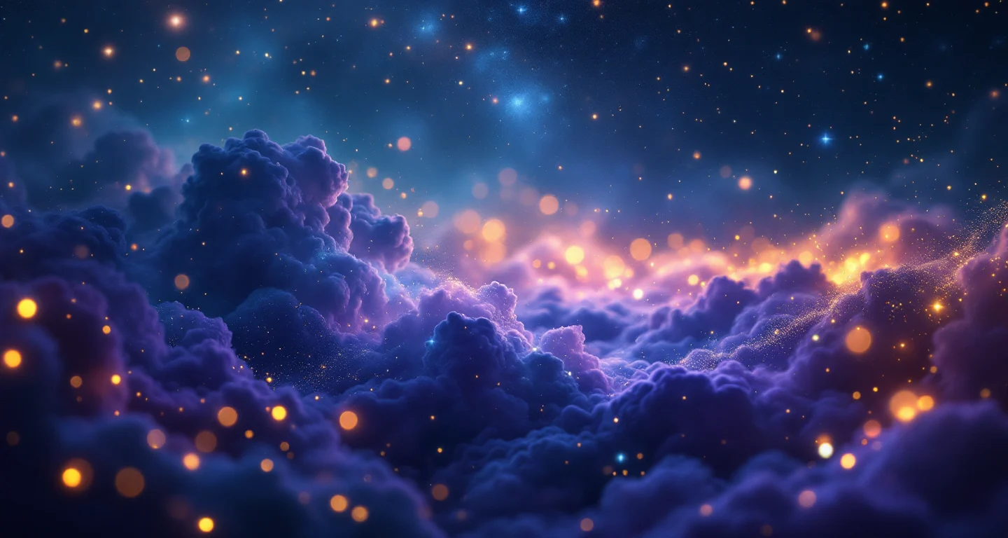 Rüyada Kedi Sevmek sembolünü temsil eden, mor-magenta bulutsu ve altın yıldızlardan oluşan atmosferik rüya sahnesi.