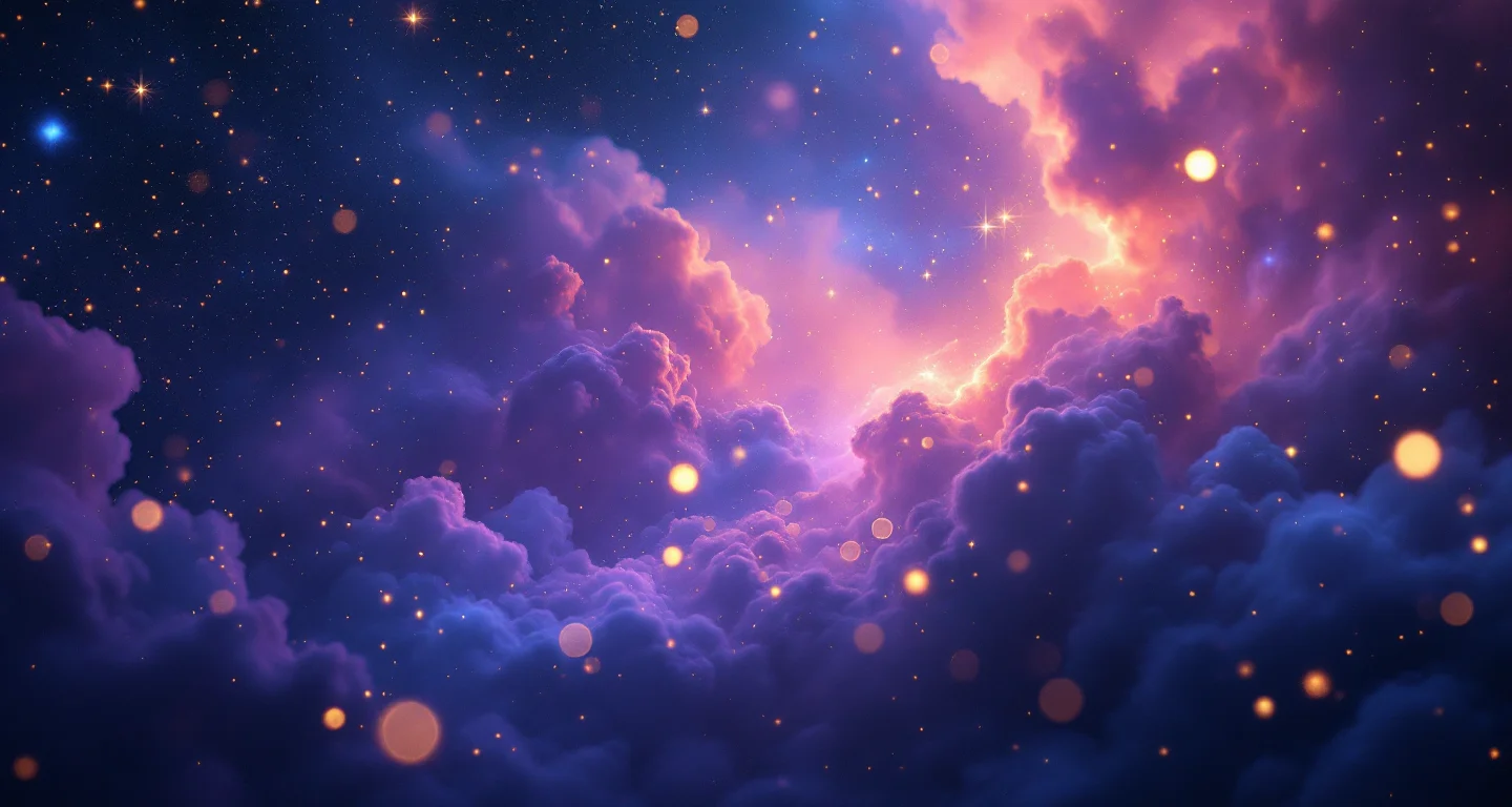 Rüyada Kedi Tarafından Yalanmak sembolünü temsil eden, mor-magenta bulutsu ve altın yıldızlardan oluşan atmosferik rüya sahnesi.