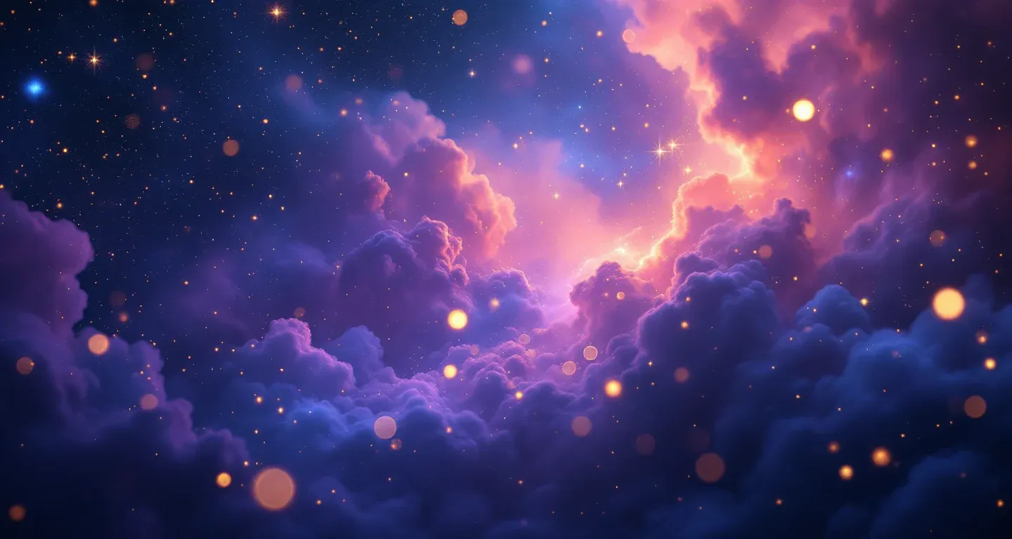 Atmosphärische Traumszene aus violett-magenta Wolken und goldenen Sternen, die das Symbol von von einer Katze im Traum abgeleckt werden darstellt.