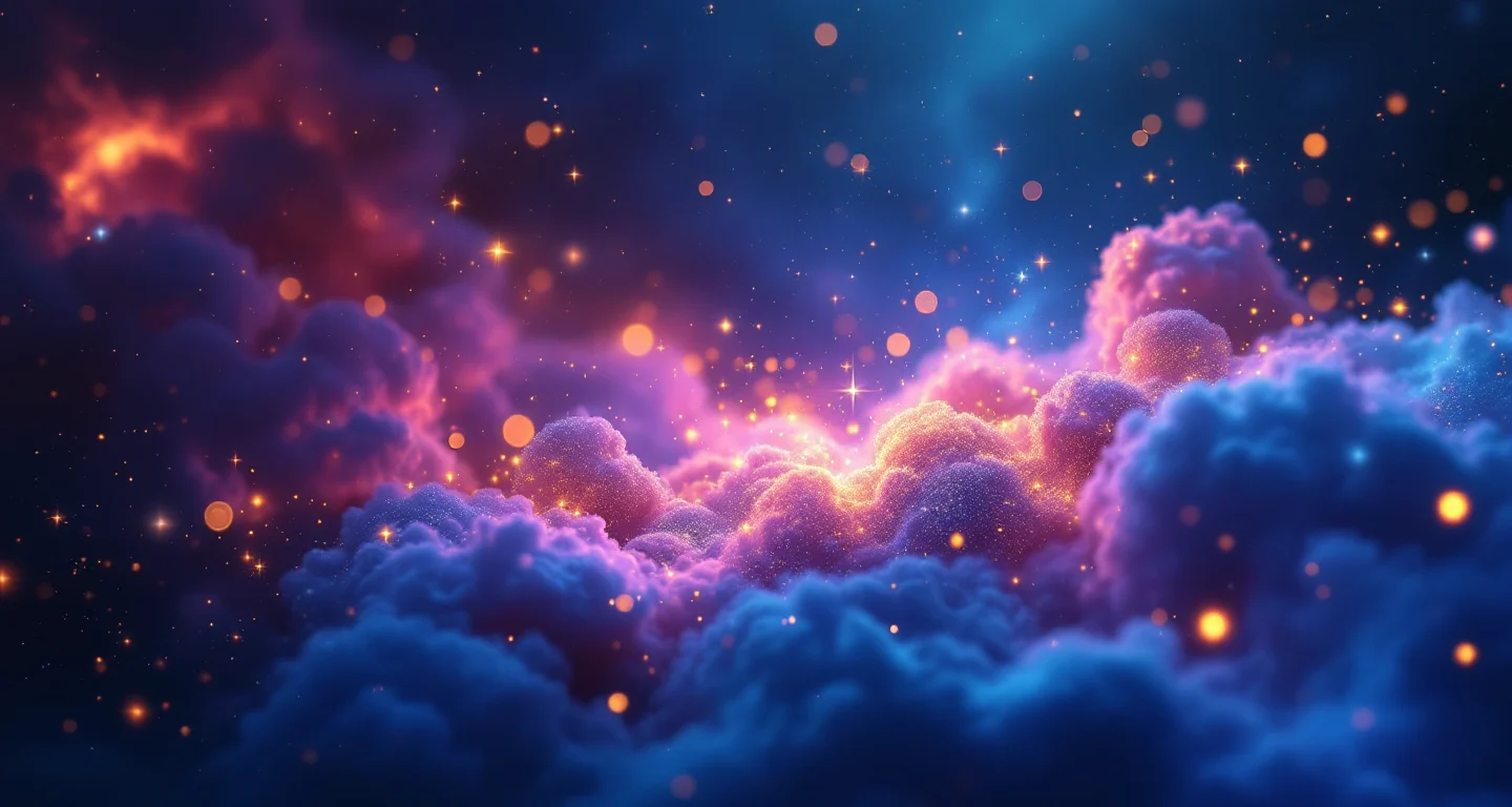 Rüyada Kedinin Ağzında Fare Görmek sembolünü temsil eden, mor-magenta bulutsu ve altın yıldızlardan oluşan atmosferik rüya sahnesi.