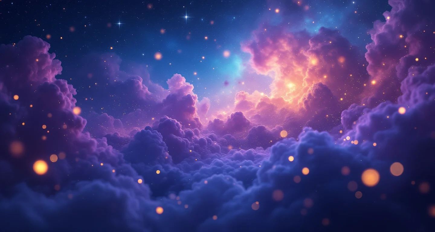 Rüyada Kek Yemek sembolünü temsil eden, mor-magenta bulutsu ve altın yıldızlardan oluşan atmosferik rüya sahnesi.