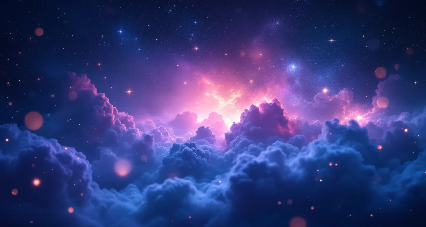 Escena onírica atmosférica formada por una nebulosa morado-magenta y estrellas doradas que representa el símbolo de ver tu propia zona íntima con vello en sueños.