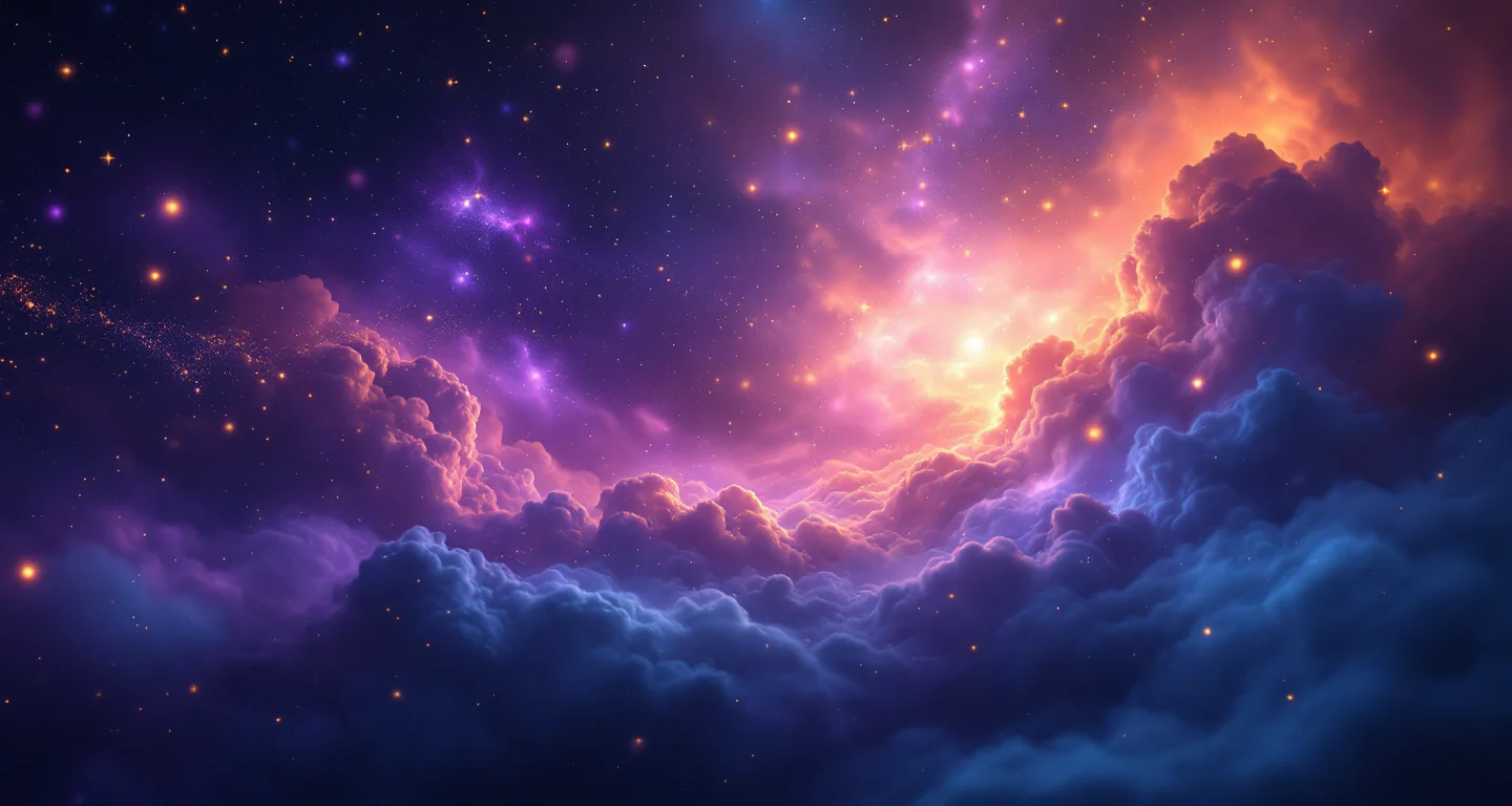 Rüyada Kendinden Et Parçası Düştüğünü Görmek sembolünü temsil eden, mor-magenta bulutsu ve altın yıldızlardan oluşan atmosferik rüya sahnesi.