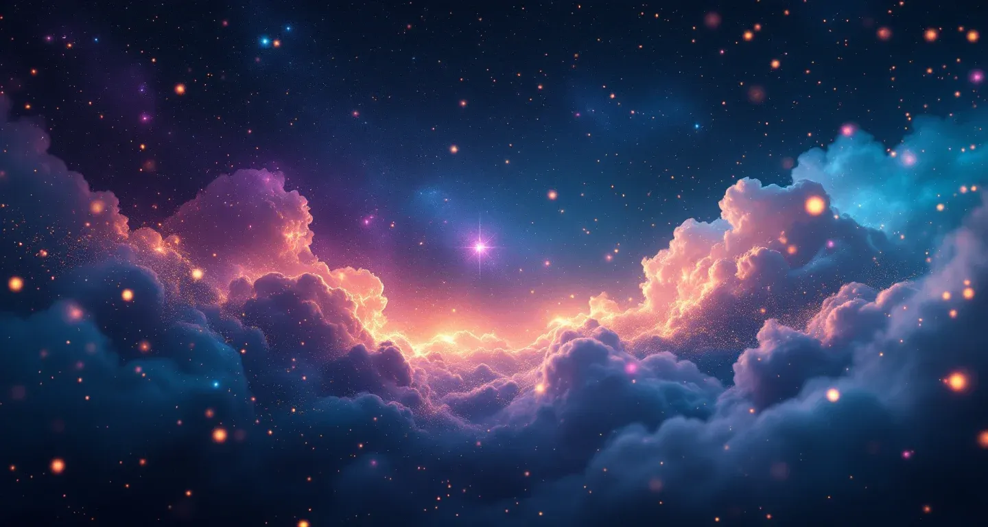 Escena onírica atmosférica con nebulosas moradas y magenta, y estrellas doradas, que representa el símbolo de verse a uno mismo con la cabeza descubierta.