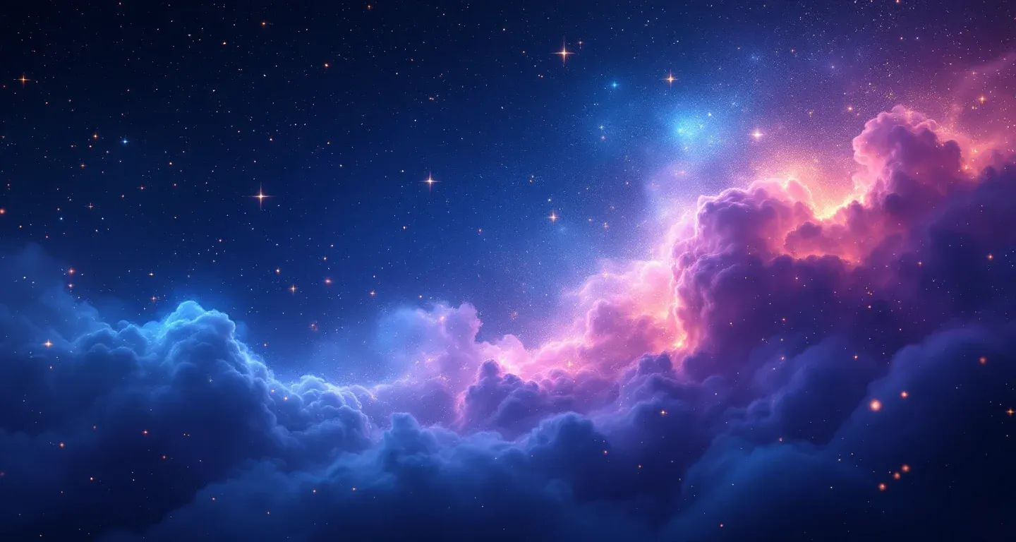 Atmosphärische Traumszene mit violett-magenta Nebel und goldenen Sternen, die das Symbol des Traums zeigen, sich zu bedecken zu versuchen.