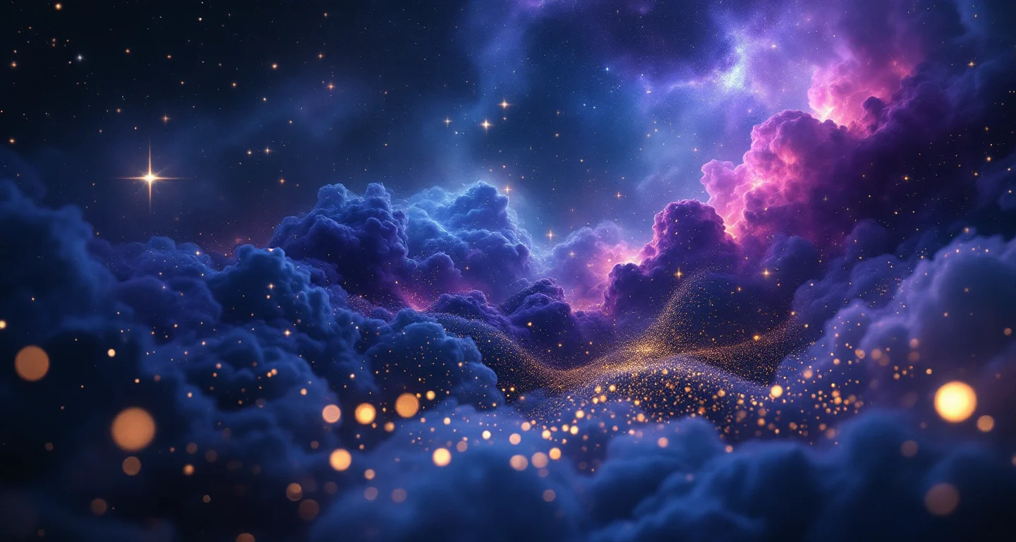 Rüyada Kir Ovalamak sembolünü temsil eden, mor-magenta bulutsu ve altın yıldızlardan oluşan atmosferik rüya sahnesi.