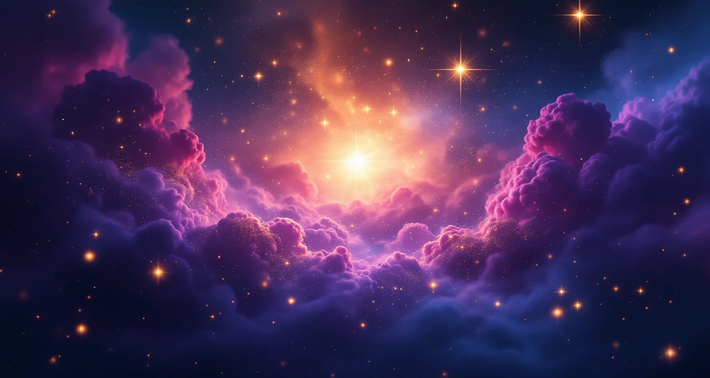 Rüyada Kırmızı Domates Görmek sembolünü temsil eden, mor-magenta bulutsu ve altın yıldızlardan oluşan atmosferik rüya sahnesi.