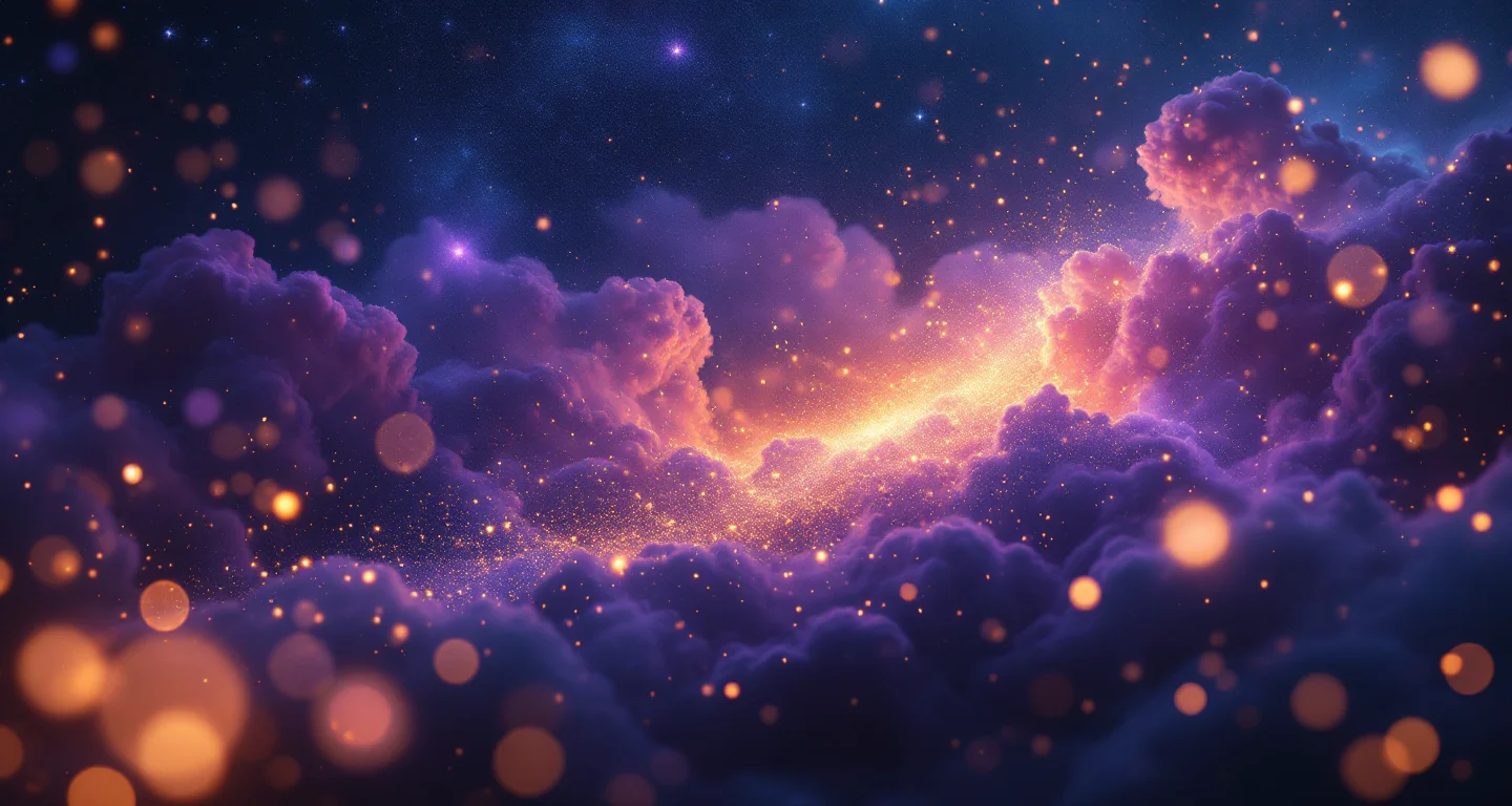 Rüyada Kız Arkadaşını Görmek sembolünü temsil eden, mor-magenta bulutsu ve altın yıldızlardan oluşan atmosferik rüya sahnesi.