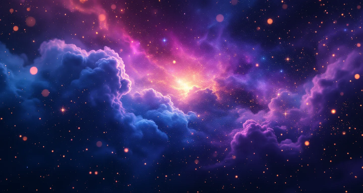 Rüyada Kızılcık Ağacı Görmek sembolünü temsil eden, mor-magenta bulutsu ve altın yıldızlardan oluşan atmosferik rüya sahnesi.