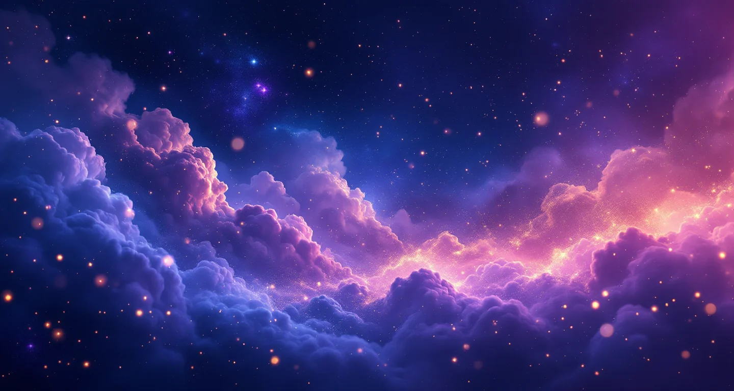Rüyada Köpeğin İşediğini Görmek sembolünü temsil eden, mor-magenta bulutsu ve altın yıldızlardan oluşan atmosferik rüya sahnesi.