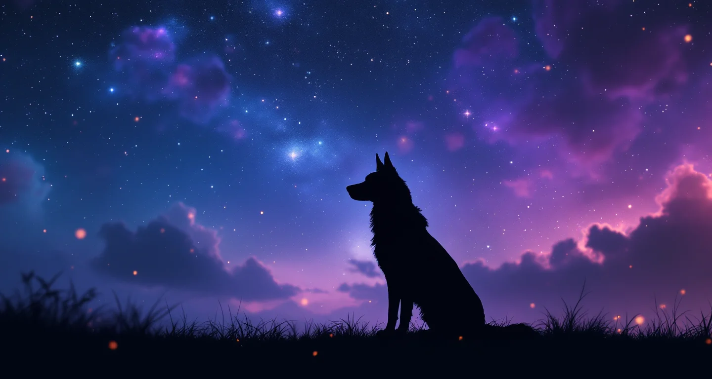 Rüyada Köpek Görmek sembolünü temsil eden, mor-magenta bulutsu ve altın yıldızlardan oluşan atmosferik rüya sahnesi.