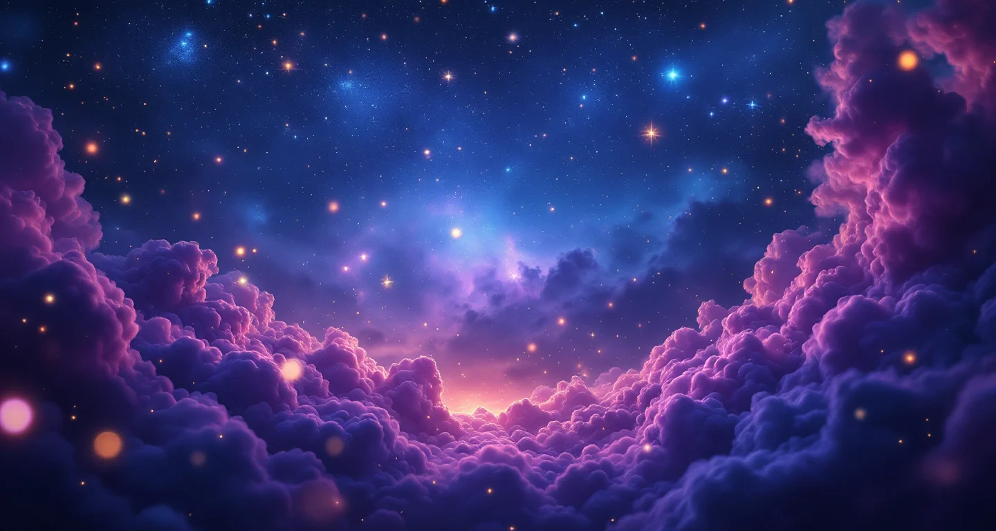 Rüyada Köpek Isırması Görmek sembolünü temsil eden, mor-magenta bulutsu ve altın yıldızlardan oluşan atmosferik rüya sahnesi.