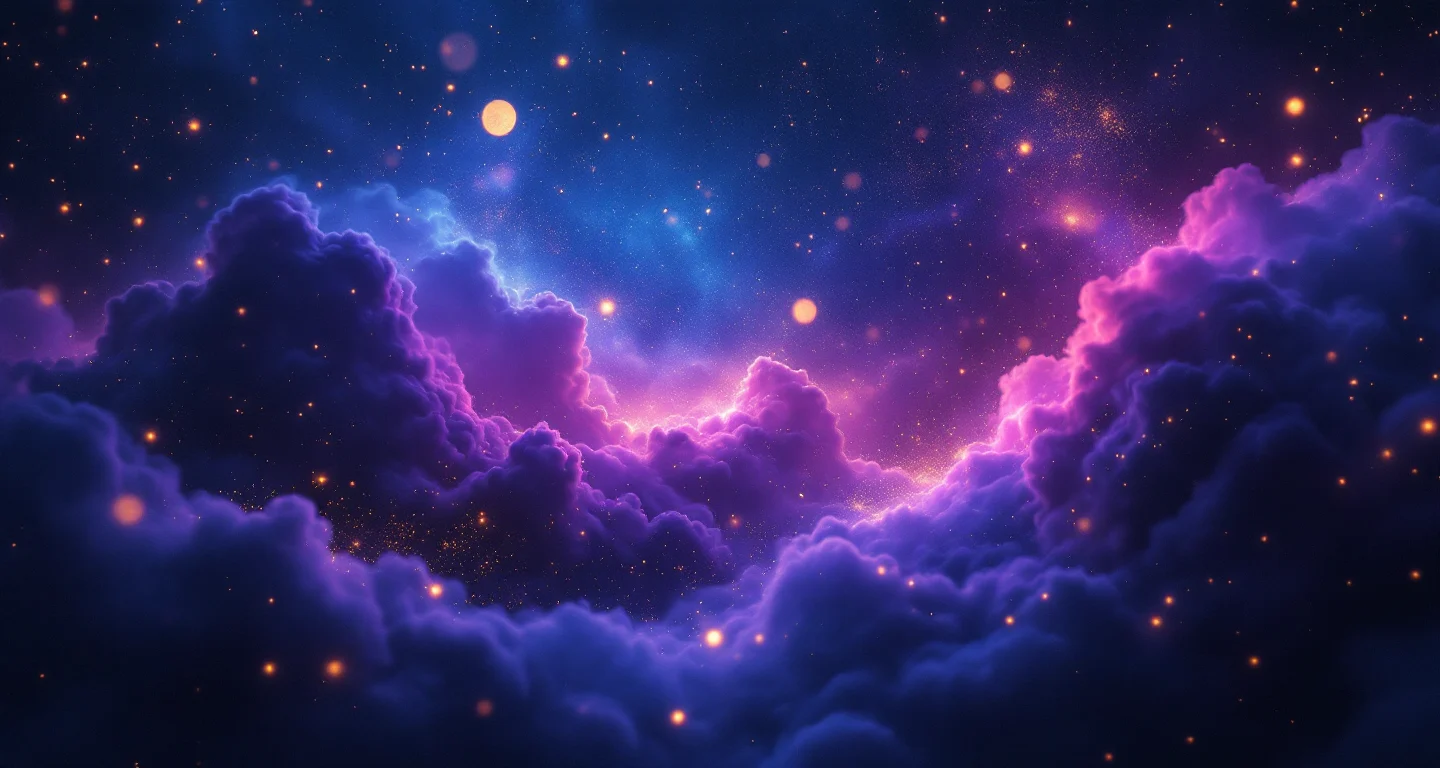 Rüyada Korkmak Görmek sembolünü temsil eden, mor-magenta bulutsu ve altın yıldızlardan oluşan atmosferik rüya sahnesi.