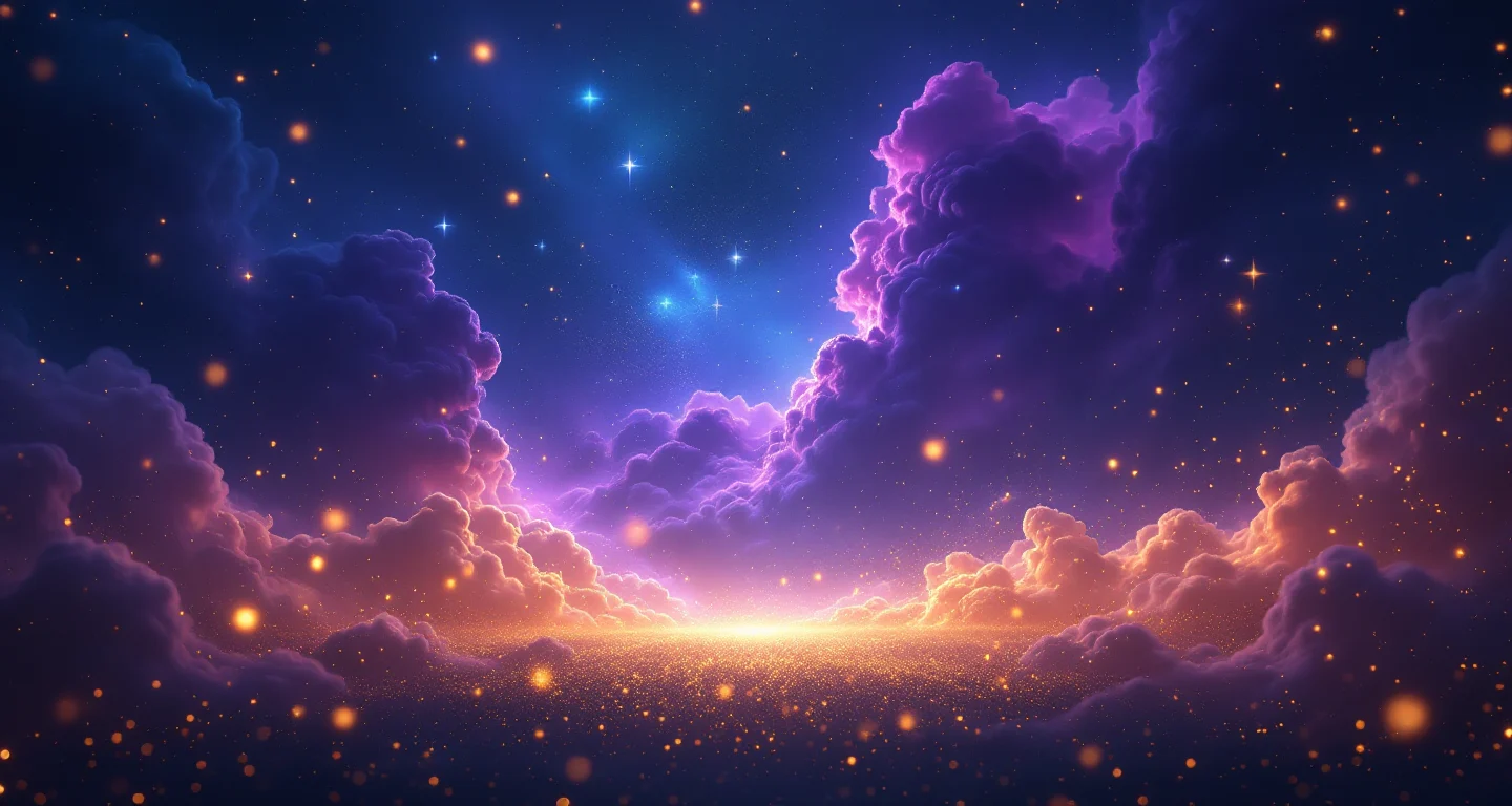 Rüyada Koyun Görmek sembolünü temsil eden, mor-magenta bulutsu ve altın yıldızlardan oluşan atmosferik rüya sahnesi.