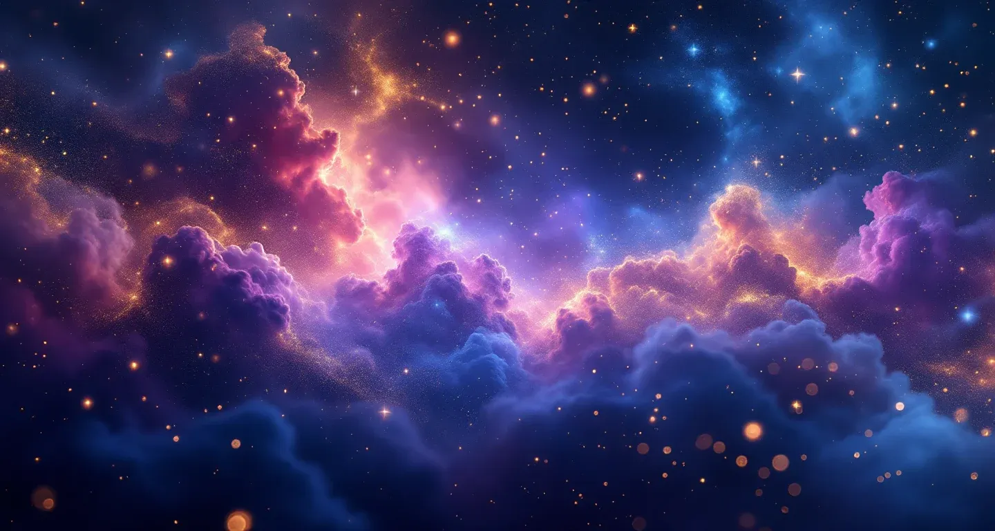 Atmosphärische Traumszene mit violett-magenta Nebel und goldenen Sternen, die das Symbol des Goldbarrens im Traum darstellen.