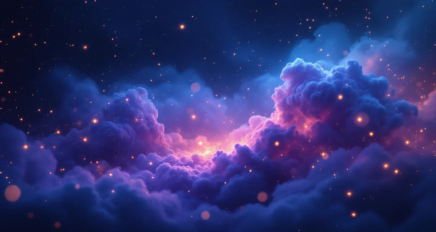 Rüyada Kumardan Para Kazanmak sembolünü temsil eden, mor-magenta bulutsu ve altın yıldızlardan oluşan atmosferik rüya sahnesi.