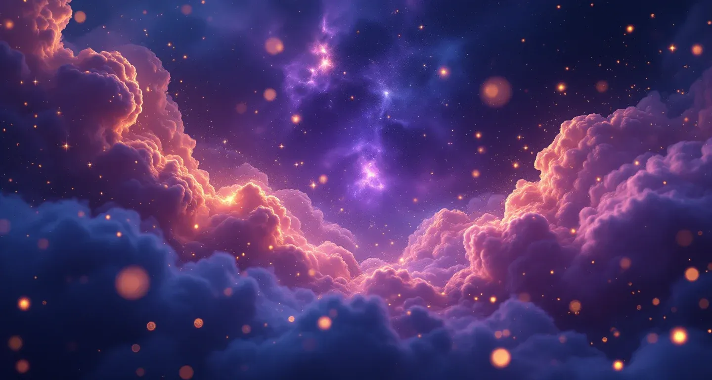 Atmosphärische Traumszene aus violett-magenta Wolken und goldenen Sternen, die das Symbol des Traums vom Koranlesen darstellt.