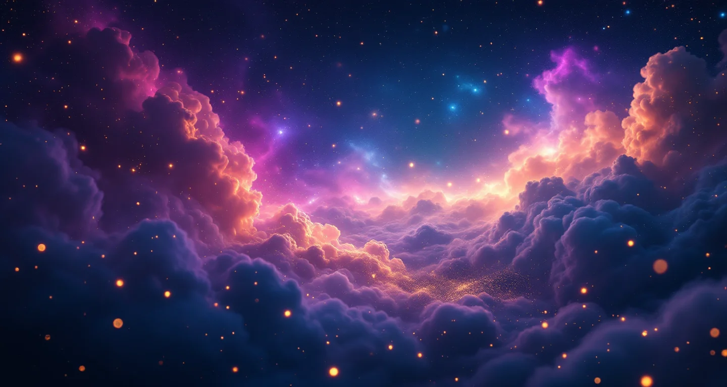 Rüyada Kurbağa Görmek sembolünü temsil eden, mor-magenta bulutsu ve altın yıldızlardan oluşan atmosferik rüya sahnesi.