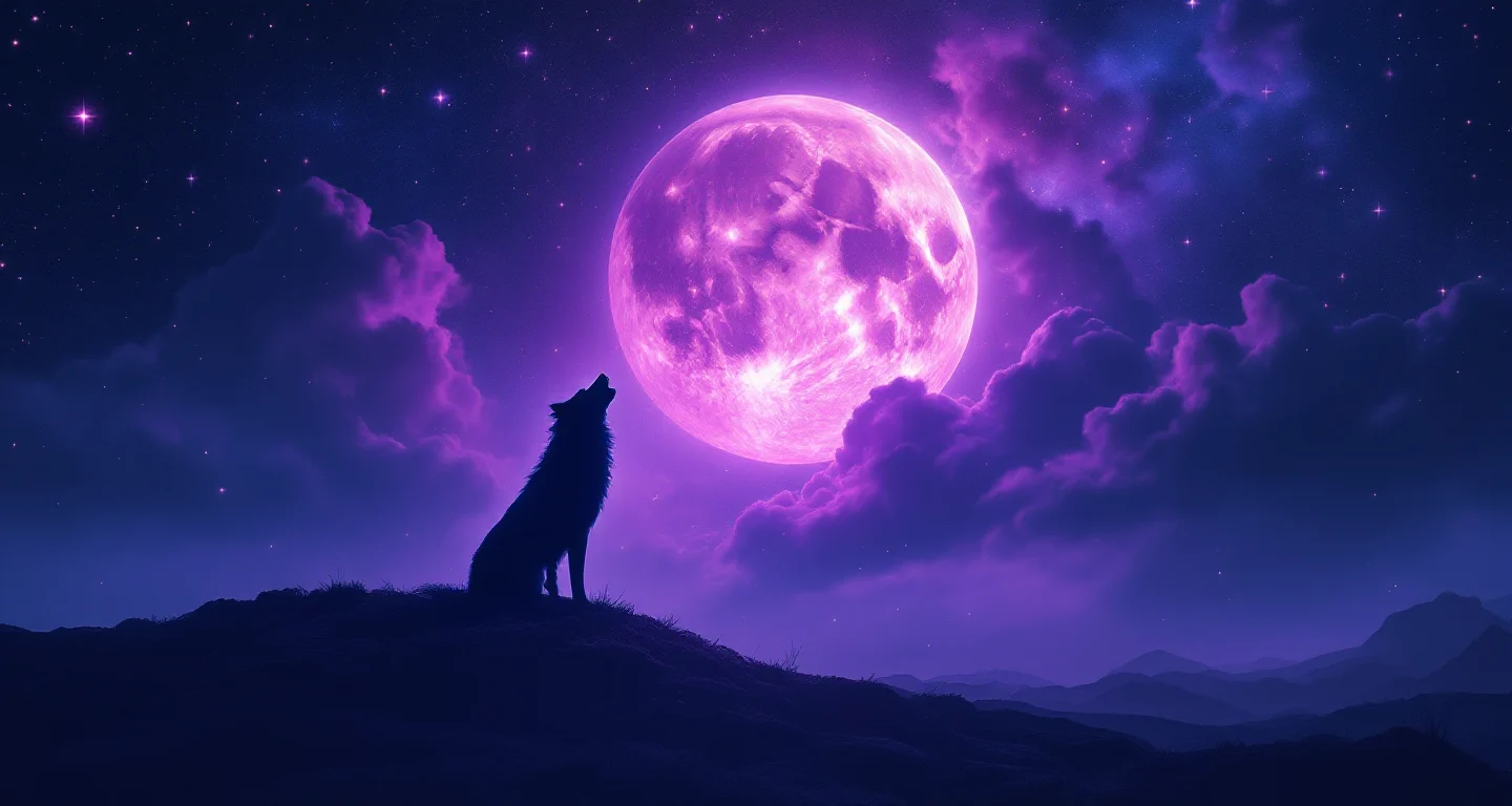 Rüyada Kurt Görmek sembolünü temsil eden, mor-magenta bulutsu ve altın yıldızlardan oluşan atmosferik rüya sahnesi.