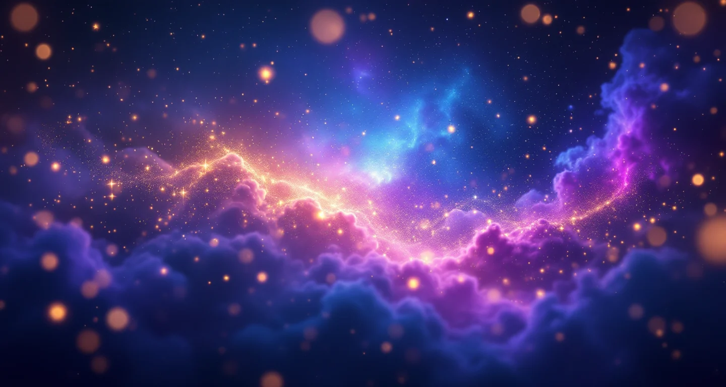 Rüyada Kurt Sürüsü Görmek sembolünü temsil eden, mor-magenta bulutsu ve altın yıldızlardan oluşan atmosferik rüya sahnesi.