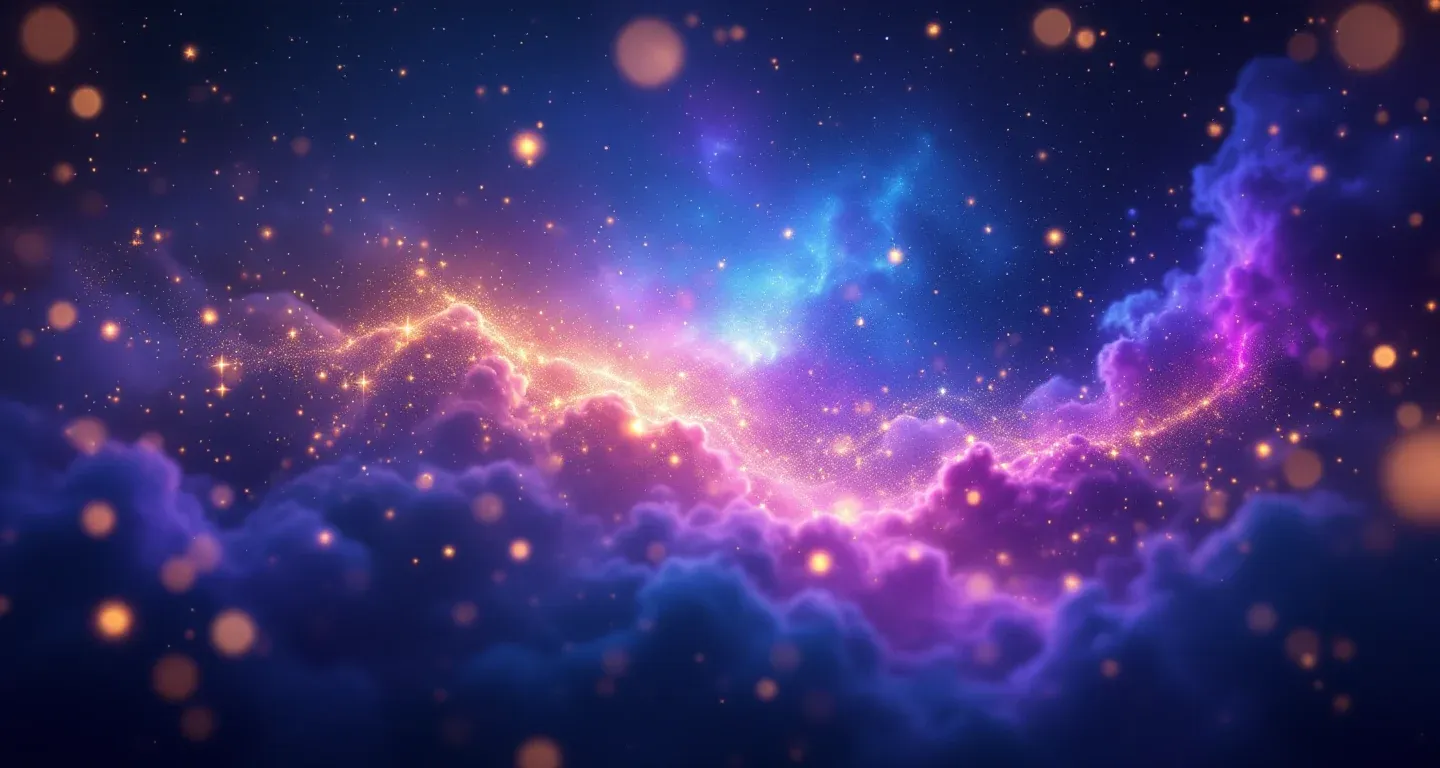 Atmosphärische Traumszene aus violett-magenta Farbnebel und goldenen Sternen, die das Symbol eines Wolfsrudels im Traum darstellt.