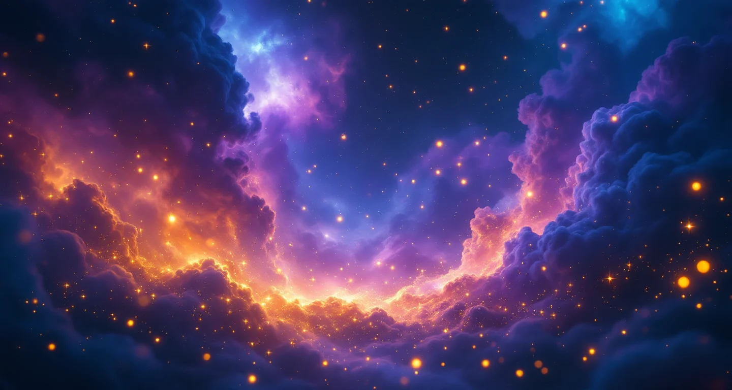 Rüyada Kürtaj Olmak sembolünü temsil eden, mor-magenta bulutsu ve altın yıldızlardan oluşan atmosferik rüya sahnesi.